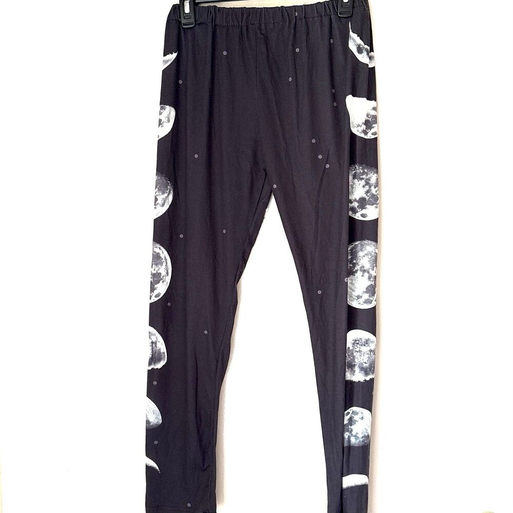 Moon Phases Leggings Black Celestial Witchy Goth Graphic Pants Womens [2XL]